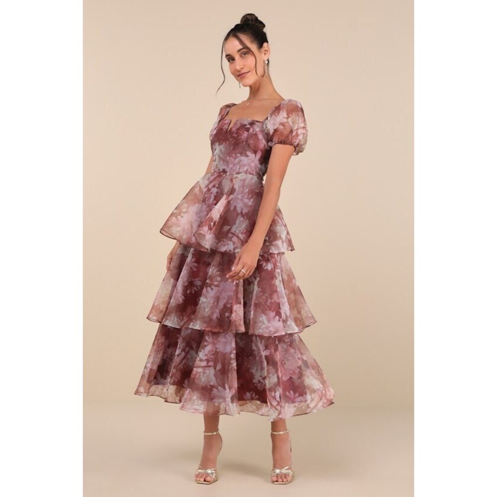 Lulus Darling Vision Rust Floral Organza Puff Sleeve Tiered Midi Dress - Size M
